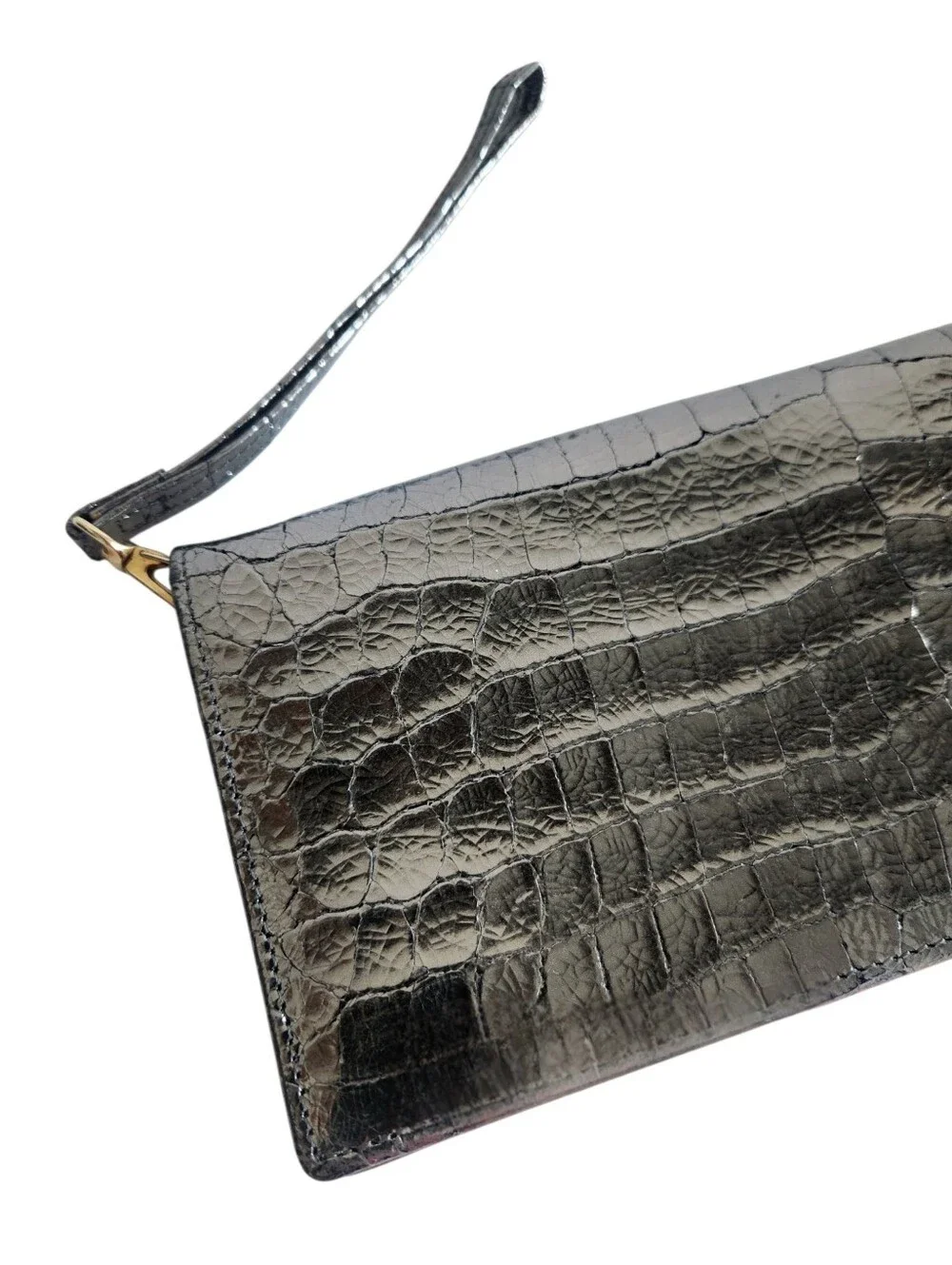 Lodis Metallic Silver Croc Embossed Leather Clutch Wristlet
